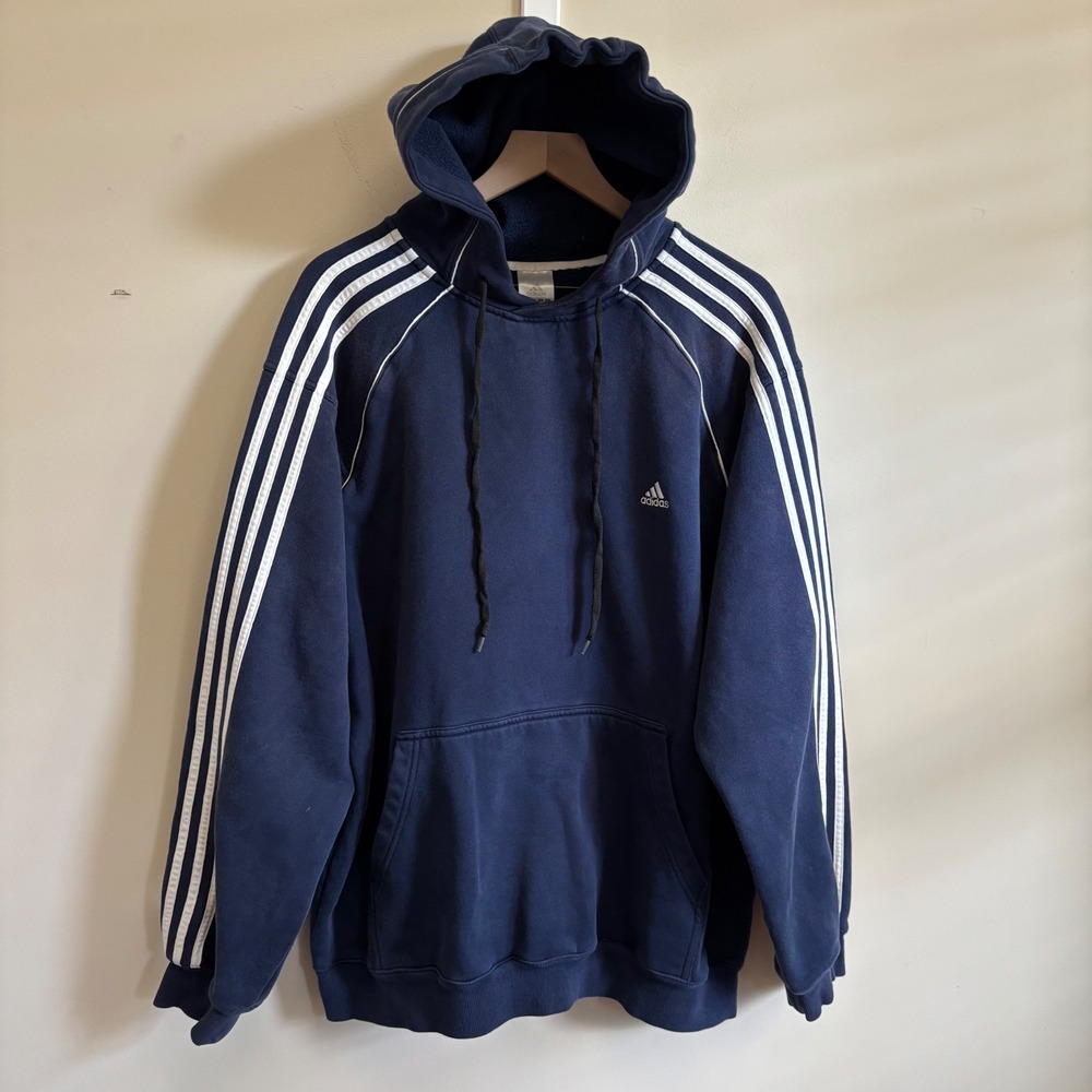 Adidas Mens XL Navy Blue 3 Stripe Pullover Hoodie Fleece Sweatshirt Raglan